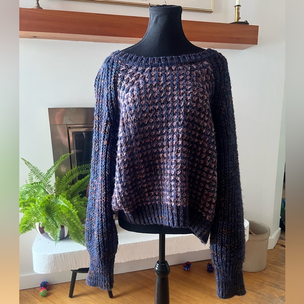 Anthropologie Moth Hillwalk Sweater in a marled blue and purple wool blend
